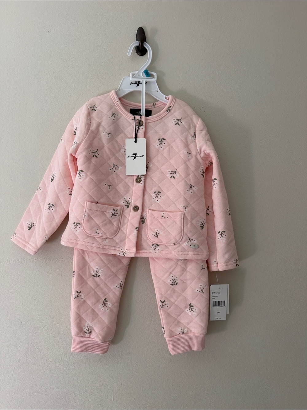 7 For All Mankind Pink Quilted Floral Hoodless Sweatshirt & Jogger Set